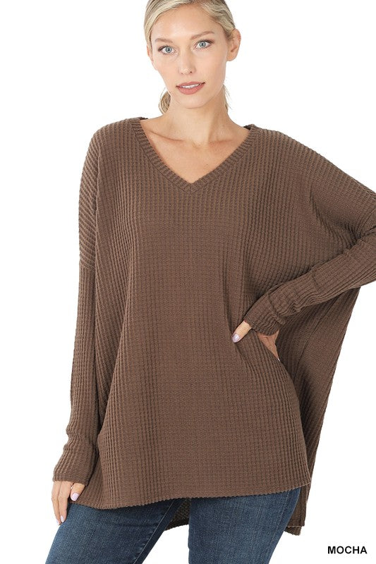 Brushed Thermal Waffle V-Neck Hi-Low Hem Sweater