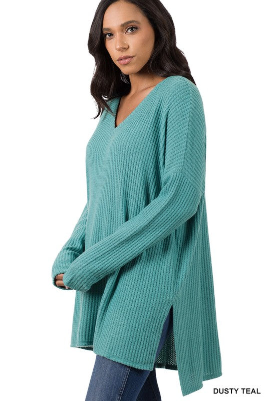 Brushed Thermal Waffle V-Neck Hi-Low Hem Sweater