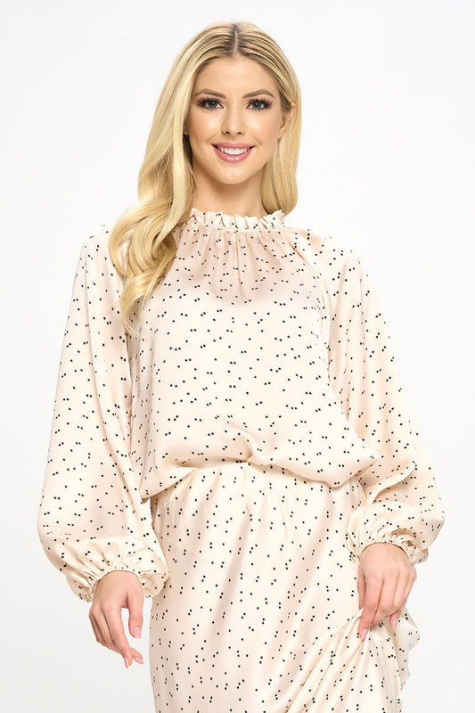 Star Print Satin Ruffle Mock Neck Top