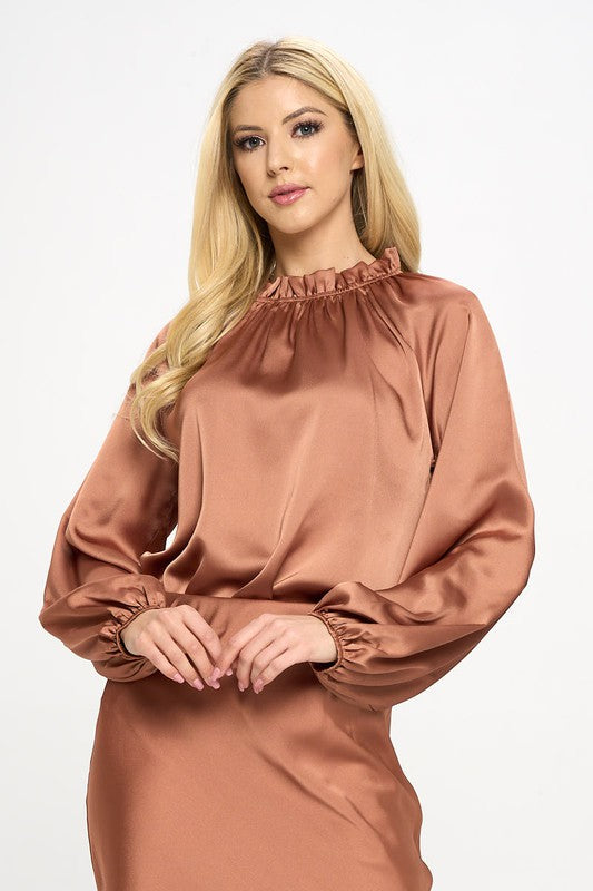 Solid Satin Ruffle Mock Neck Top