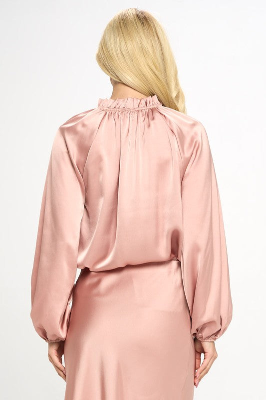 Solid Satin Ruffle Mock Neck Top