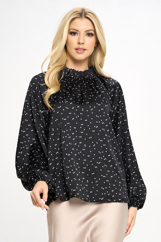 Star Print Satin Ruffle Mock Neck Top