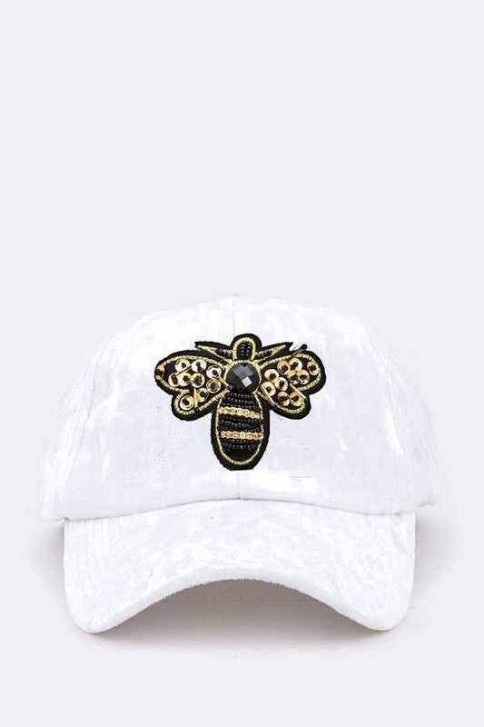 Golden Bee Patch Distressed Velour Cap