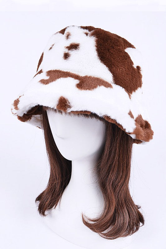 Cow Print Faux Fur Bucket Hat