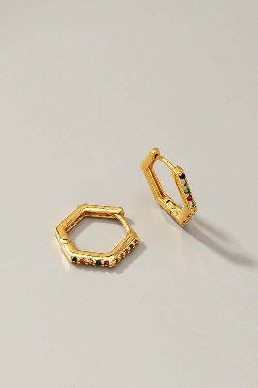 brass hexagon huggie earrings with color cz