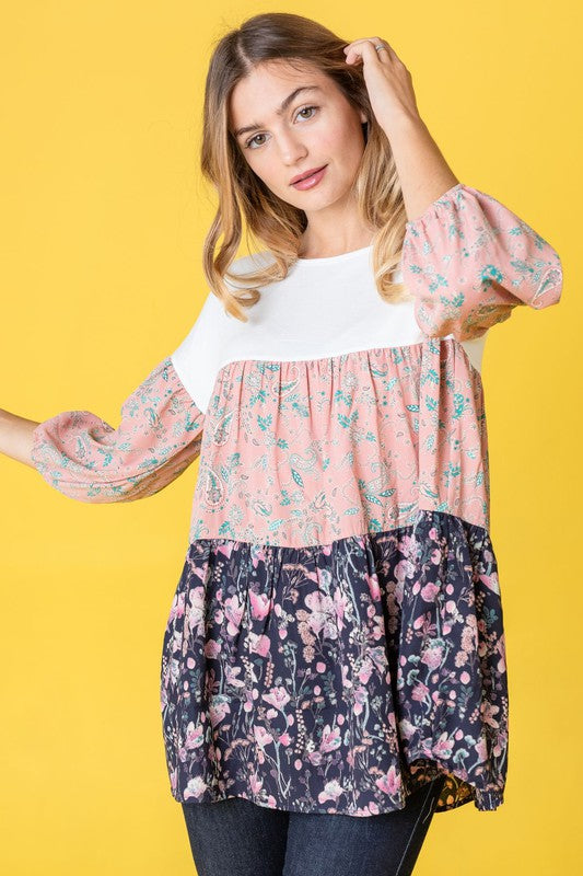 Three Tiered  Bishop Sleeve Paisley Floral Tunic