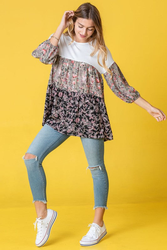 Three Tiered  Bishop Sleeve Paisley Floral Tunic