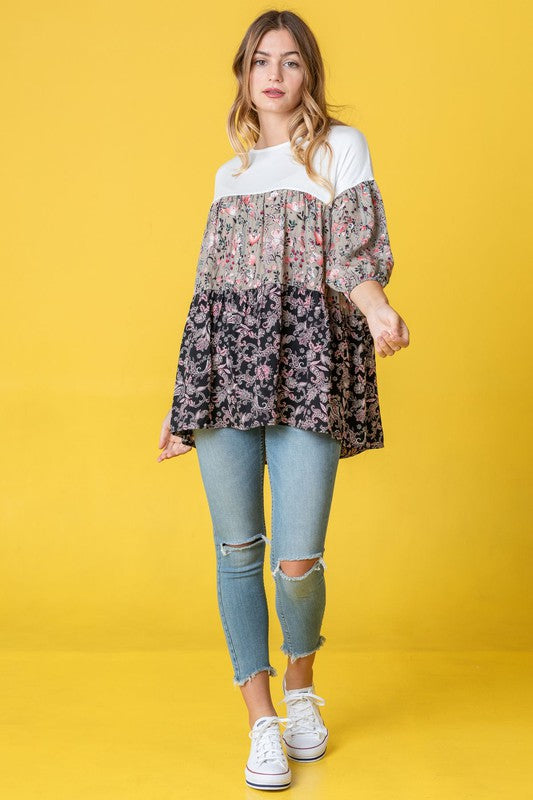 Three Tiered  Bishop Sleeve Paisley Floral Tunic