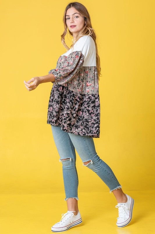 Three Tiered  Bishop Sleeve Paisley Floral Tunic