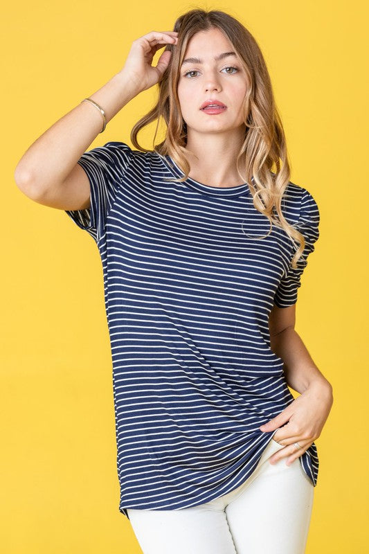 Stripe Puff Ruched Sleeve Top