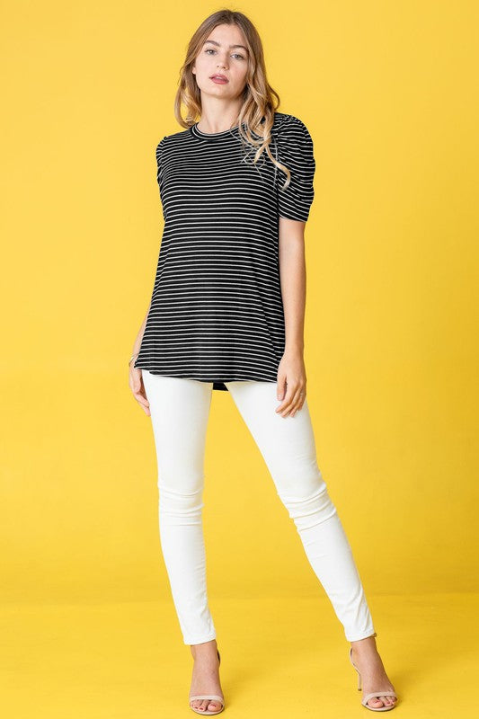 Stripe Puff Ruched Sleeve Top