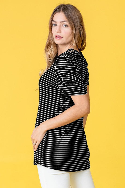 Stripe Puff Ruched Sleeve Top