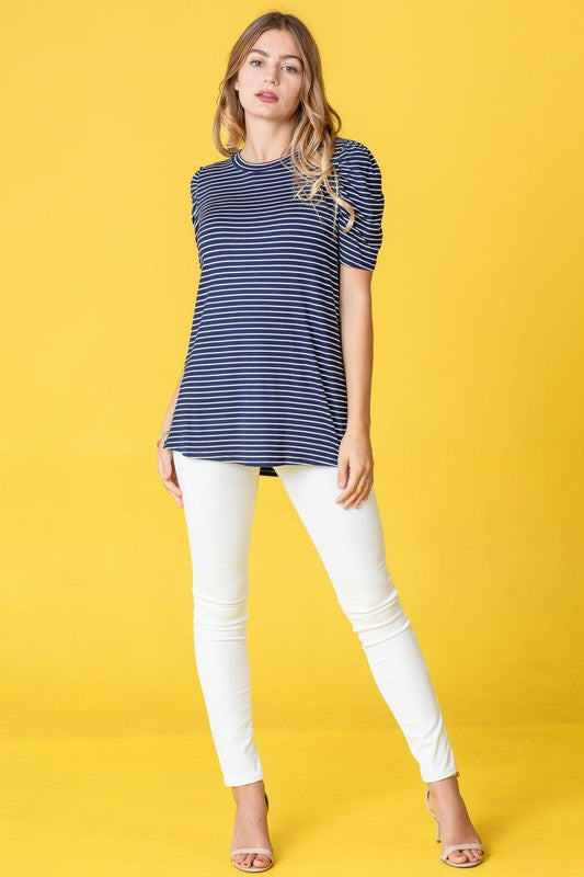 Stripe Puff Ruched Sleeve Top