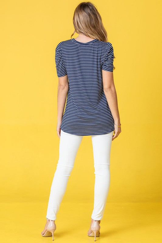 Stripe Puff Ruched Sleeve Top