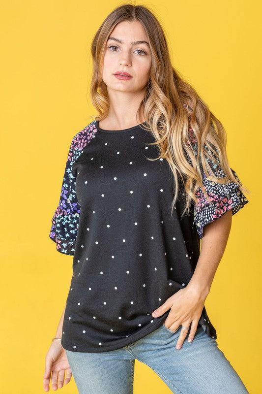 Polka Dot Print Ruffle Sleeve Top