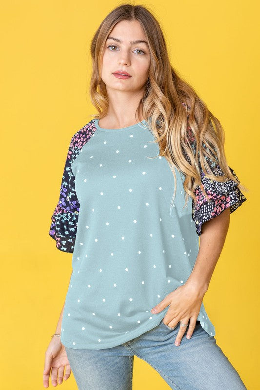 Polka Dot Print Ruffle Sleeve Top