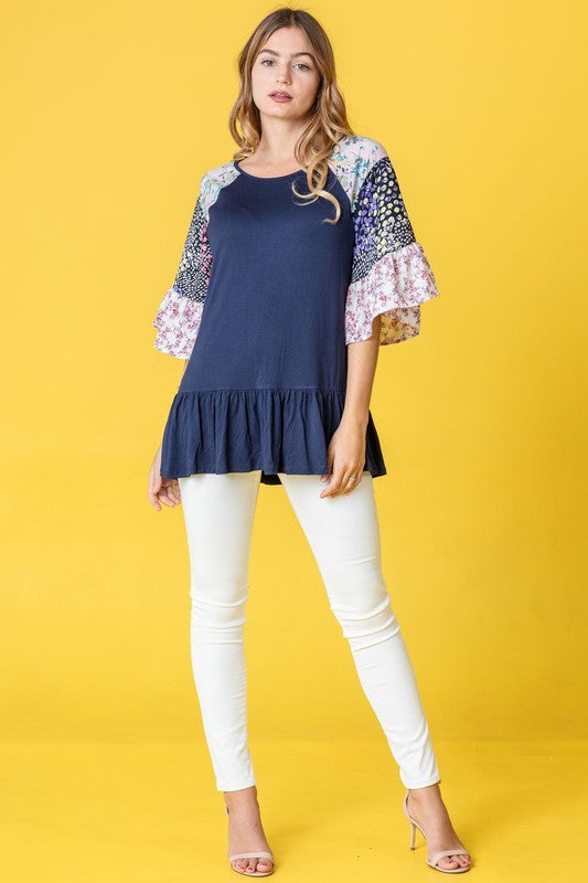 Plus Mix Pattern Circular Flounce Sleeve Tunic