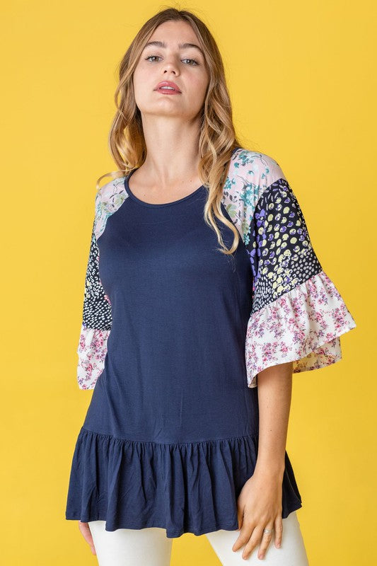 Plus Mix Pattern Circular Flounce Sleeve Tunic