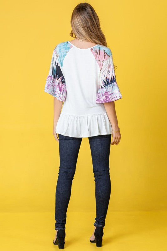 Plus Mix Pattern Circular Flounce Sleeve Tunic