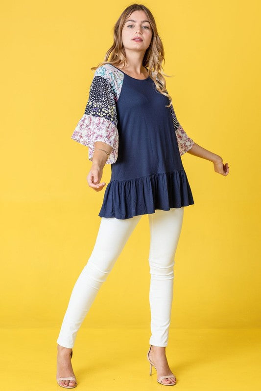 Plus Mix Pattern Circular Flounce Sleeve Tunic