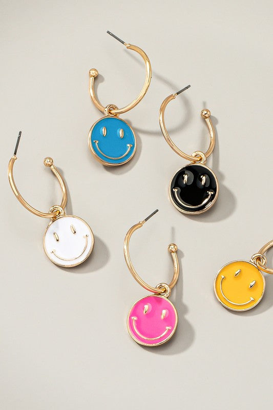 Smiley face charm hoop earrings