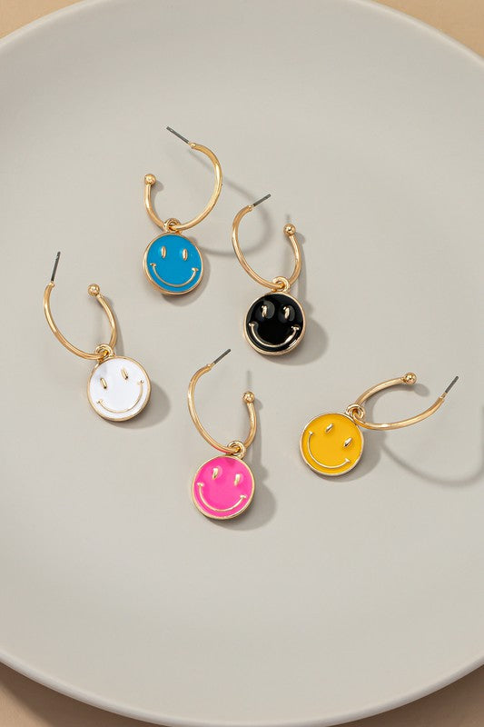 Smiley face charm hoop earrings