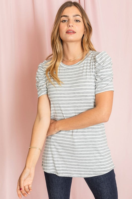 Plus Stripe Puff Ruched Sleeve Top