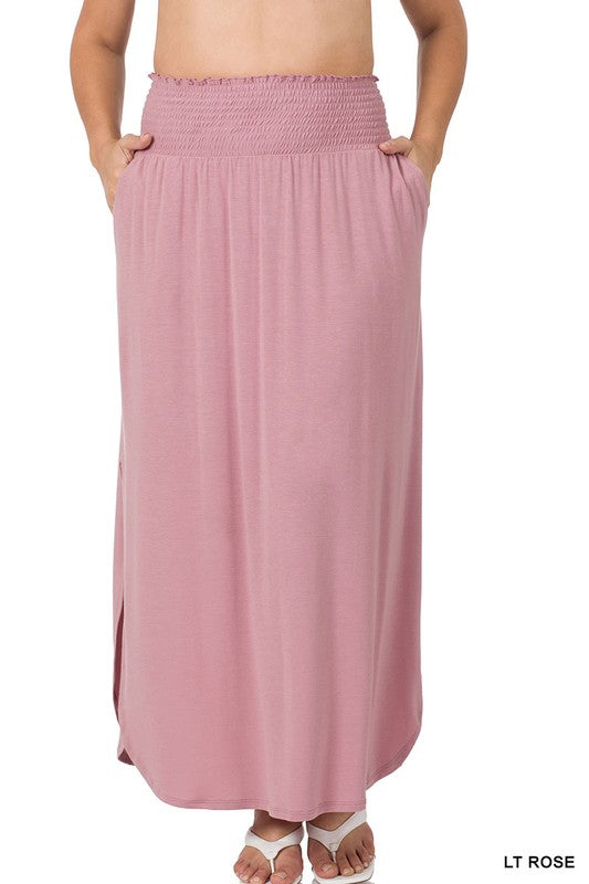 Plus Smocked Waist Side Slit Maxi Skirt w/ Pockets