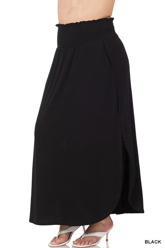 Plus Smocked Waist Side Slit Maxi Skirt w/ Pockets