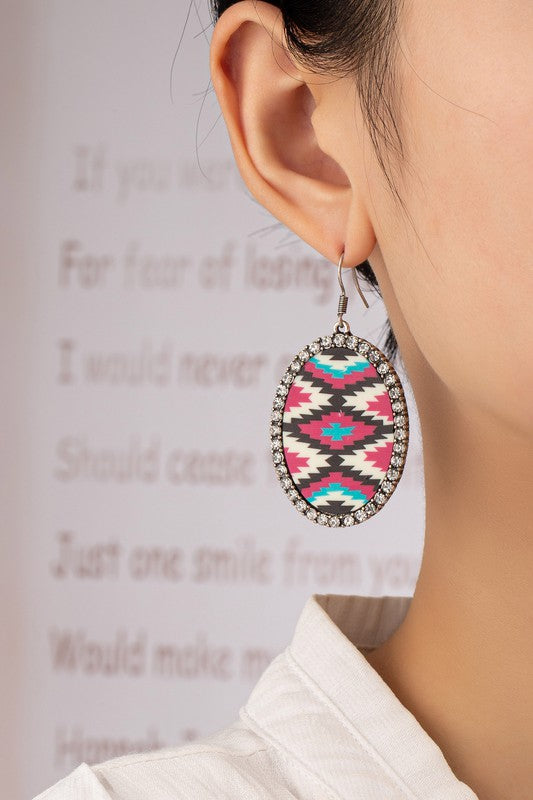 Aztec oval drop earrings with rhinestones