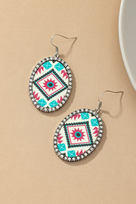 Aztec oval drop earrings with rhinestones