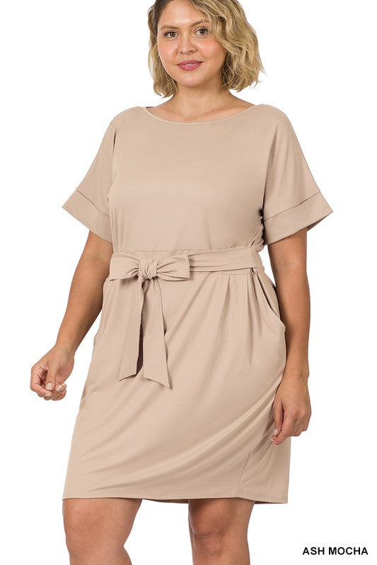 Plus Brushed Tie Belt Dress