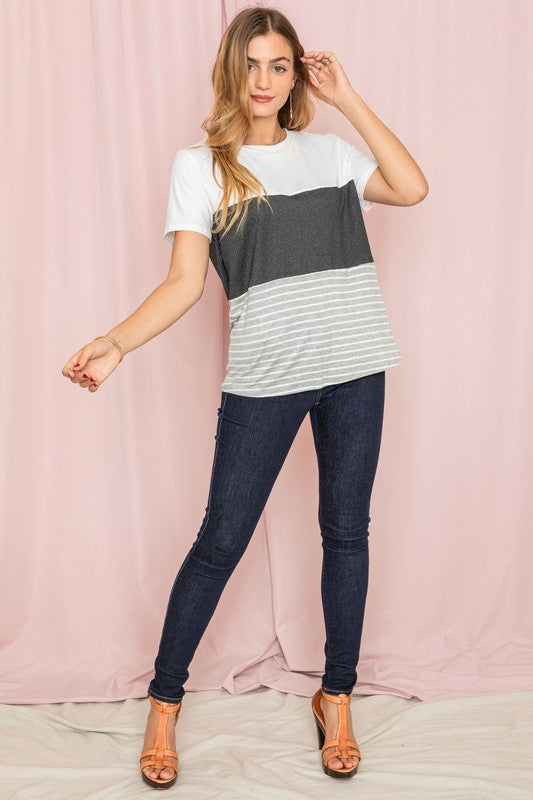 Sage coral black grey stripe lavender top