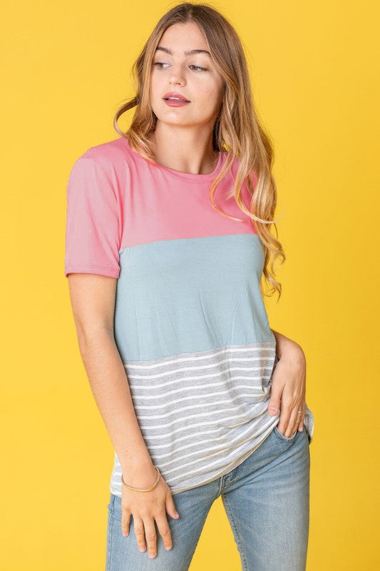 Sage coral black grey stripe lavender top