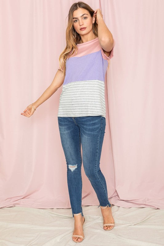 Sage coral black grey stripe lavender top