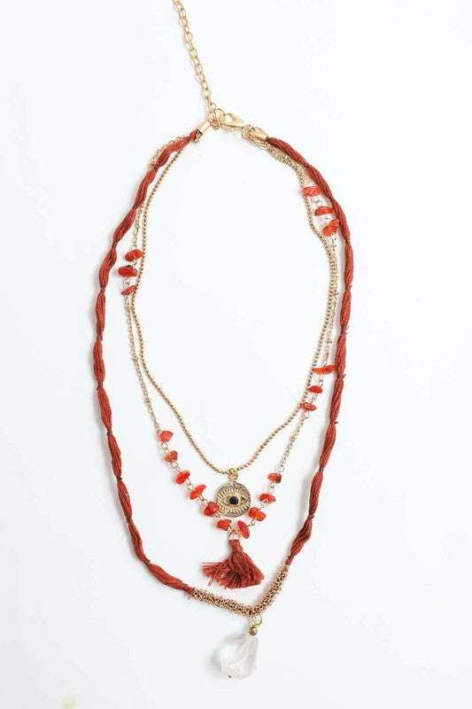 Carnelian & Crystal Drop Multi Layered Necklace