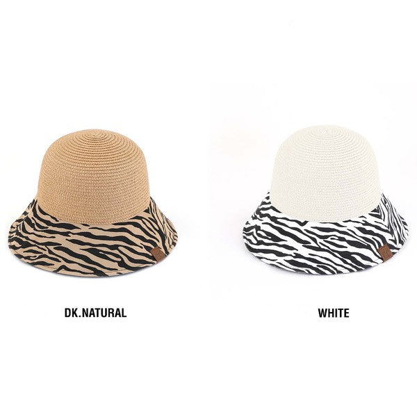 CC Zebra Print Cloche Straw Bucket Hat