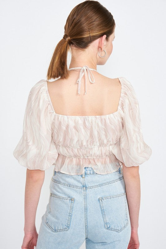 BUBBLE SLEEVE RUCHED CROP TOP