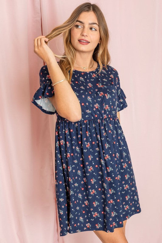 Plus Ditsy Floral Ruffle Chest Pocket Dress