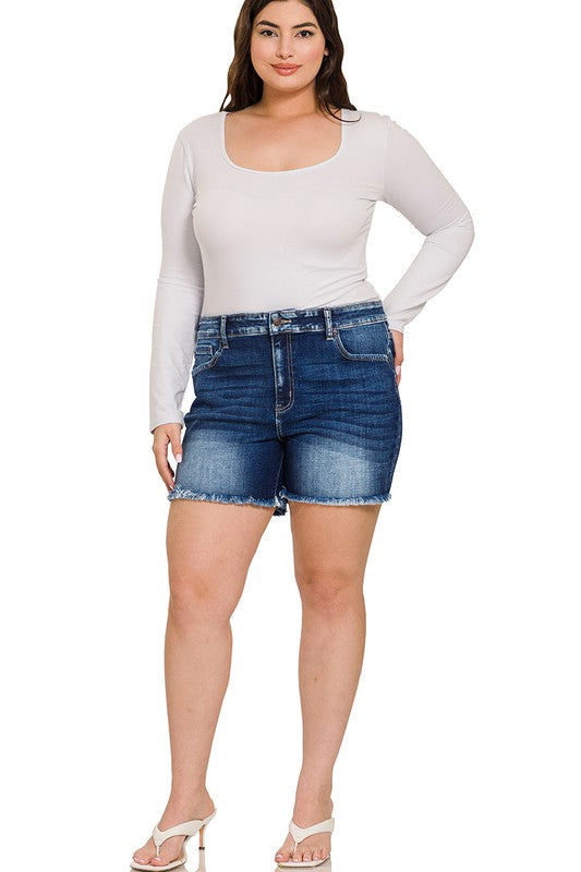 Plus Midi Raw Frayed Hem Denim Shorts