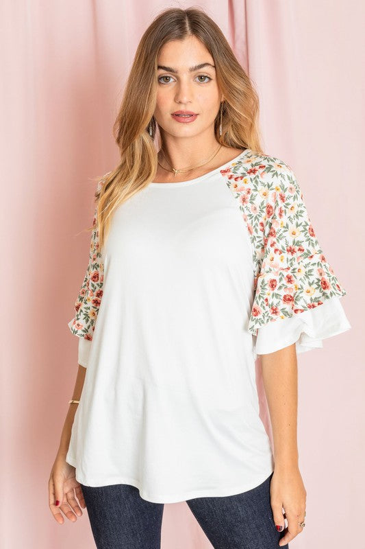 Double Ruffle Sleeve Floral Tunic