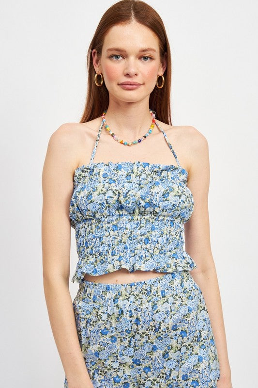 FLORAL HALTER NECK SMOCKED TOP