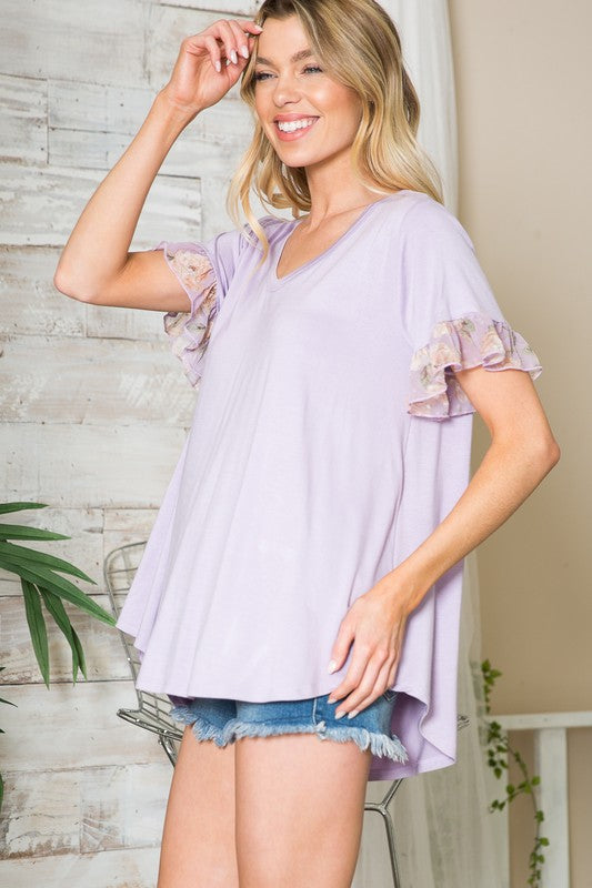 Ruffle Sleeve Contrast V Neck