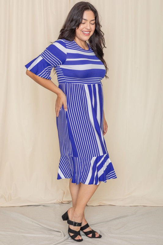 Plus Mix Stripe Ruffle Midi Dress