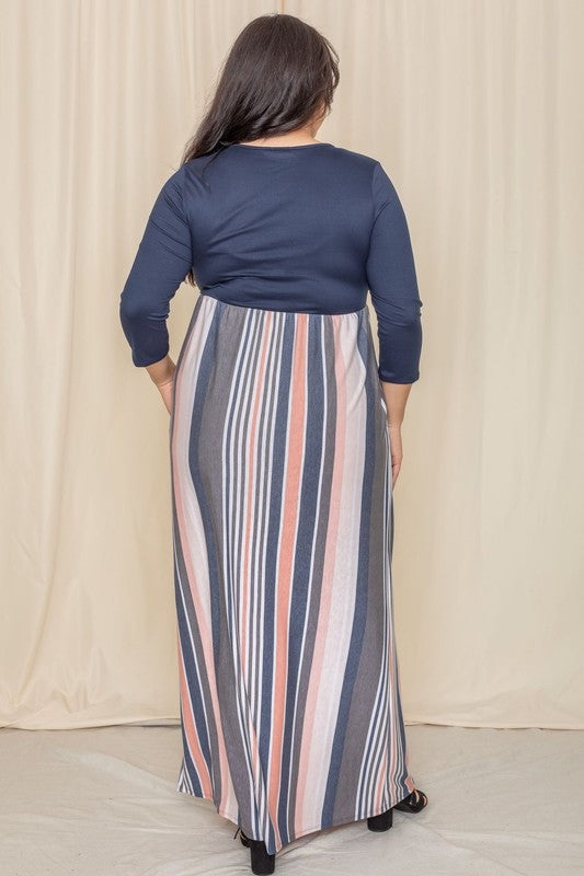 Plus Stripe Quarter Sleeve Maxi Dress