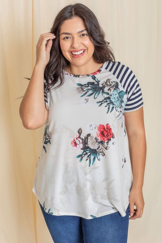 Plus stripe sleeve floral top/tunic