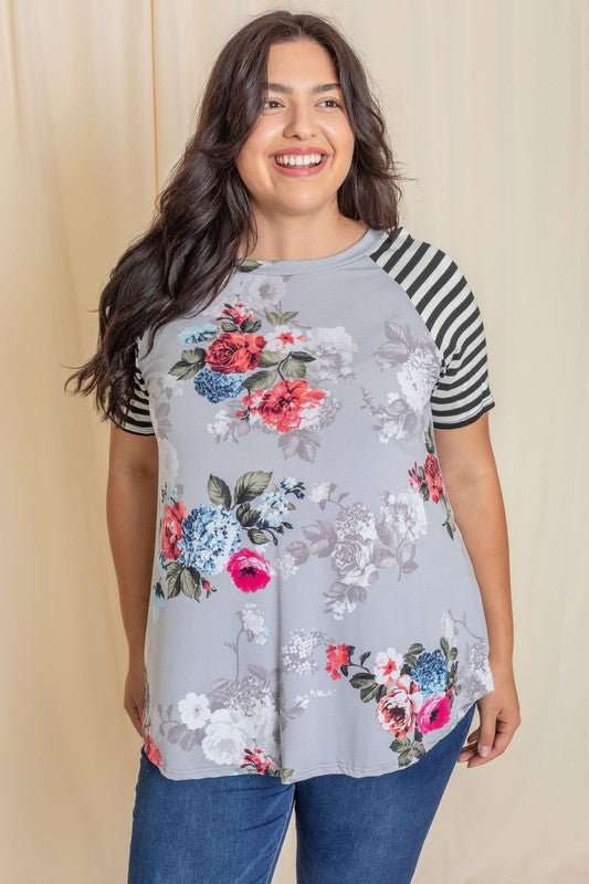 Plus stripe sleeve floral top/tunic