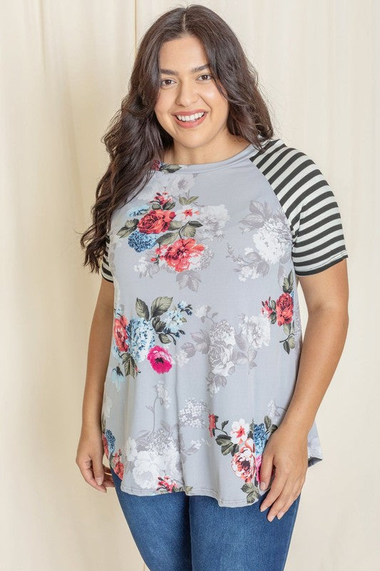 Plus stripe sleeve floral top/tunic