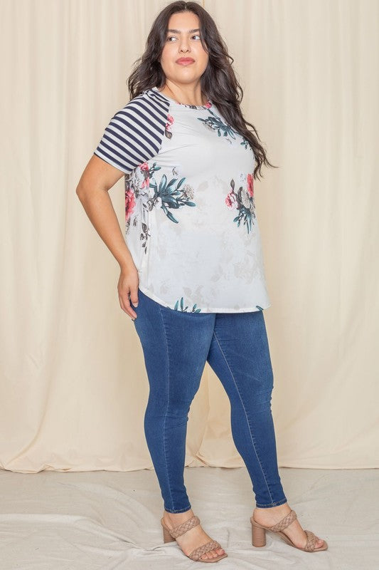 Plus stripe sleeve floral top/tunic