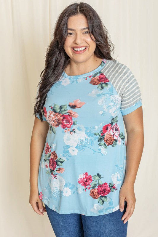 Plus stripe sleeve floral top/tunic